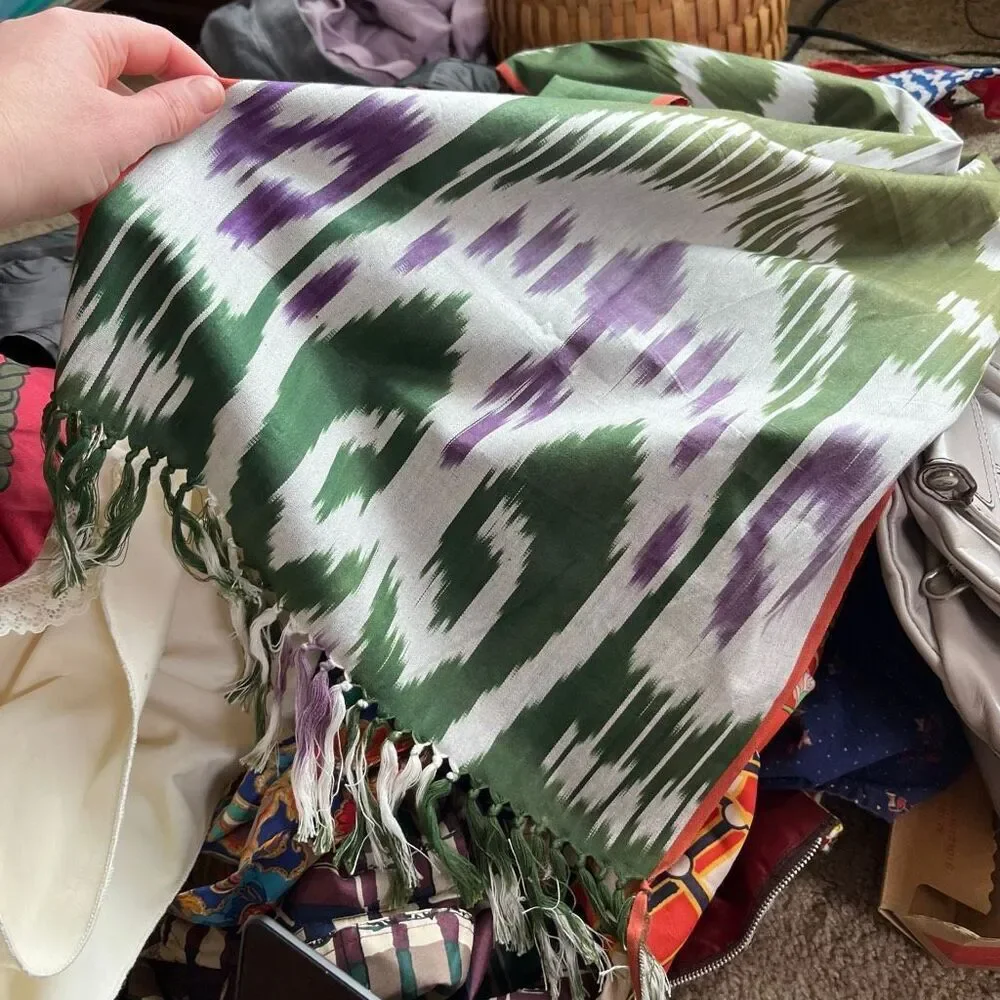 VTG Ikat Woven Scarf Shawl Green Purple Fringe Boho Wrap 70x15